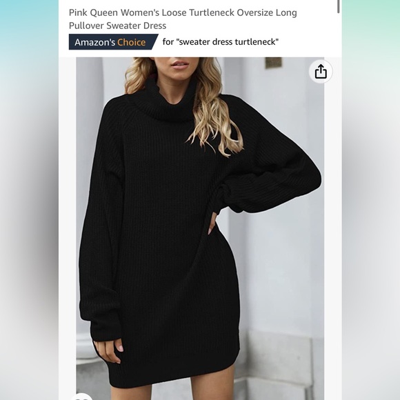 Turtleneck Oversized Long Sweater Dress with Pockets Black Size Small - Picture 2 of 5